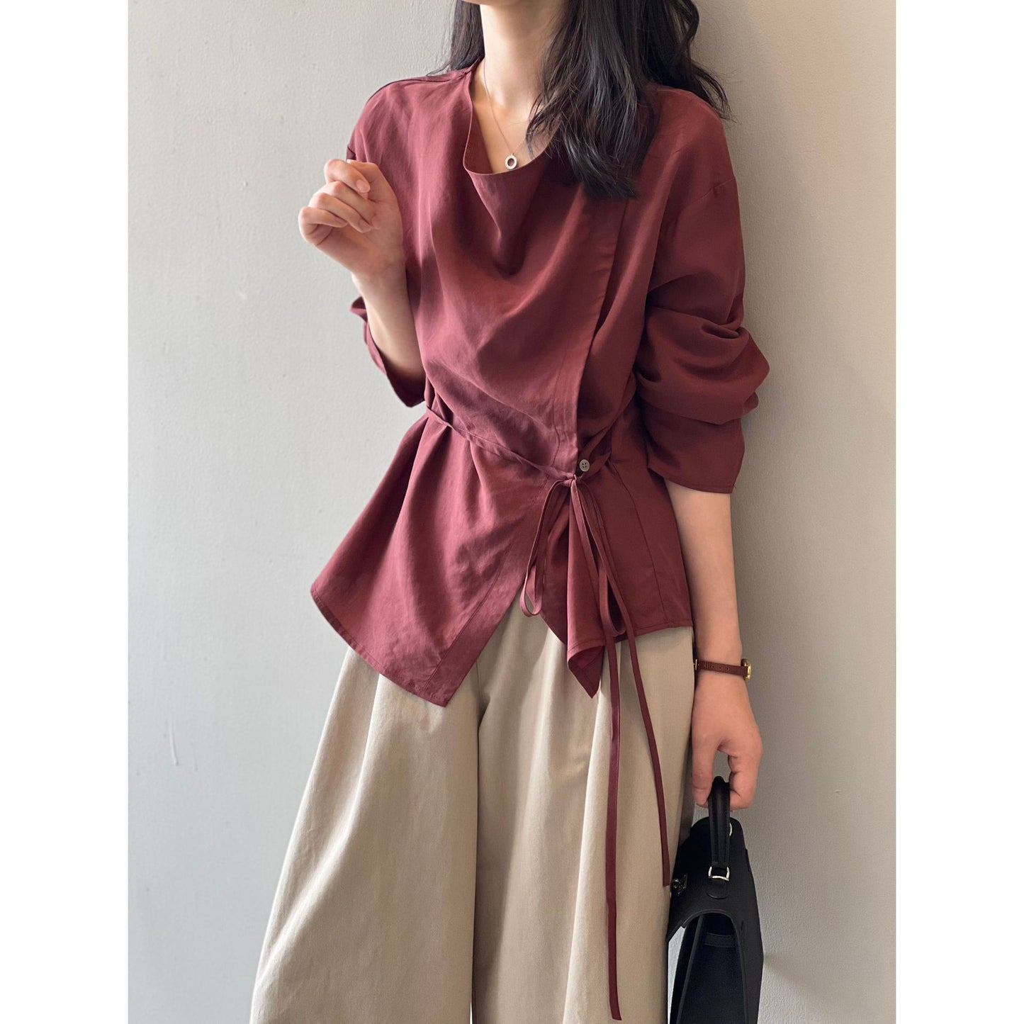 Elegant Swing Collar Lace up Tencel Shirt Women Autumn Side Buckle Waist Controlled Long Sleeves Shirt