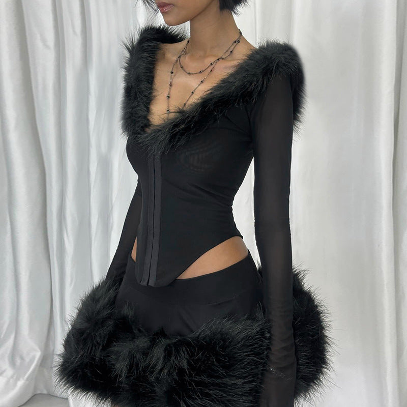 Sexy Women Wear Deep V Plunge neck See through Mesh Patchwork Eyelash Rhombus Irregular Asymmetric Breasted Waist Long Sleeve Top