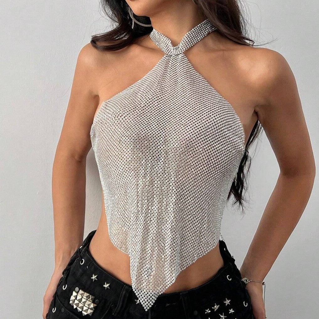 Women Clothing Metal Sequ Sexy Suspenders Nightclub Party Sexy Top Halterneck Vest Women