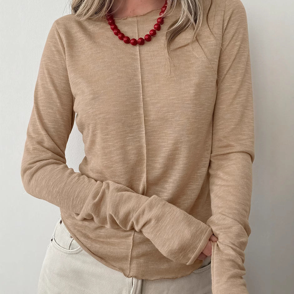 Inner Wear Solid Color round Neck Pullover Long Sleeve T shirt Women Top Khaki