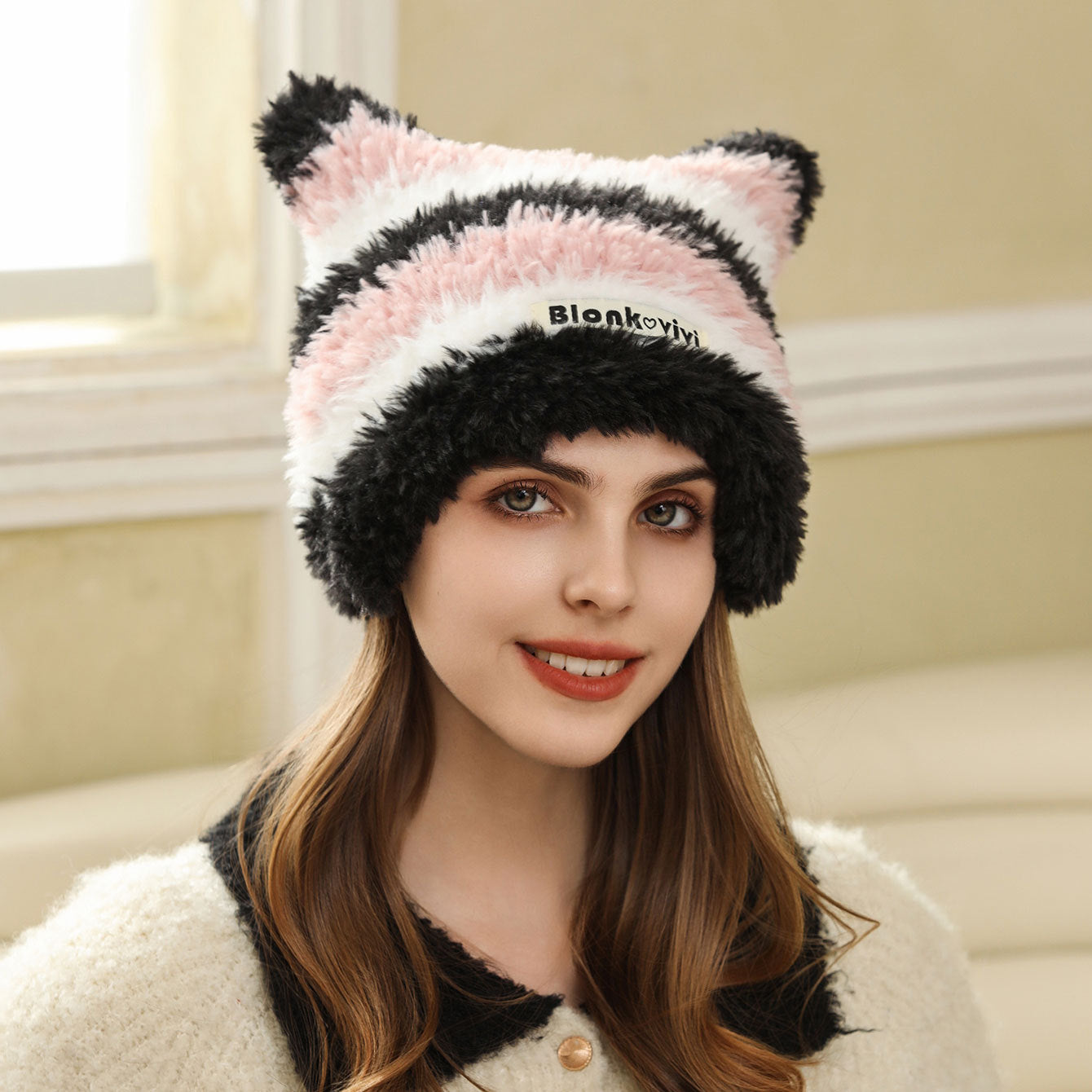 Cute Cat Ears Striped Warm Hat Autumn Winter Plush Wool Earmuffs Hat Thickened Face Small Beanie Hat One Size White