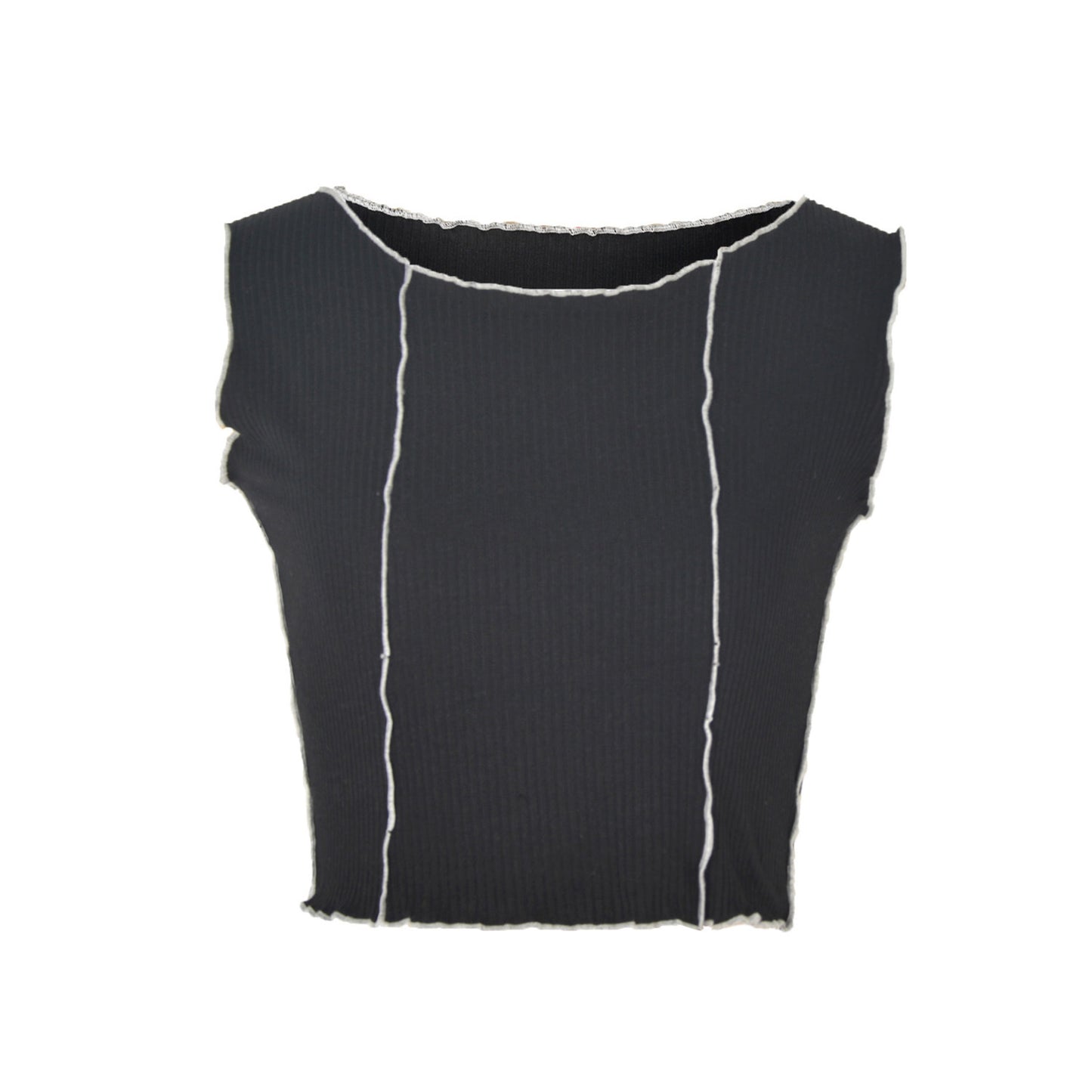 Summer Color Contrast Patchwork Women Vest round Neck Cropped Slim Top Women Black