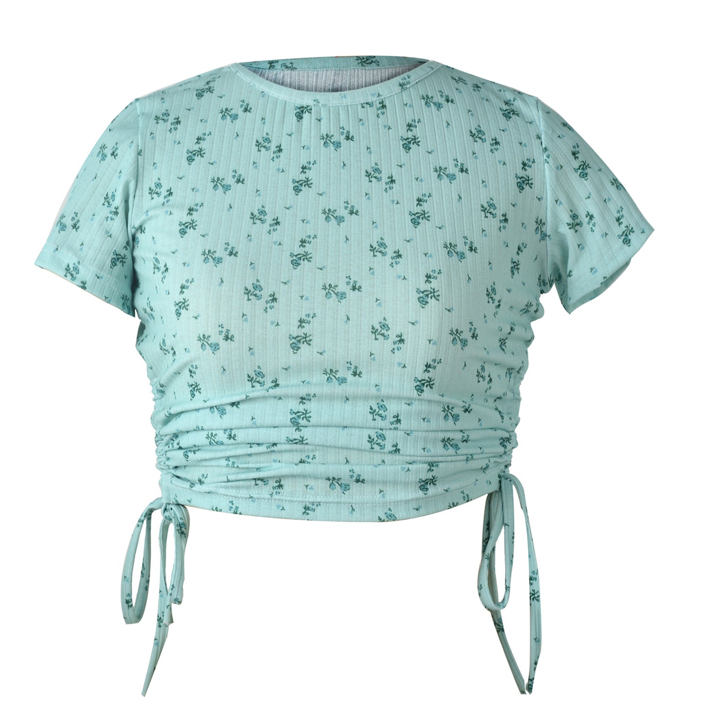 Printed Short-SleevedT-shirt Drawstring cropped round Neck Casual Top Green Shivering