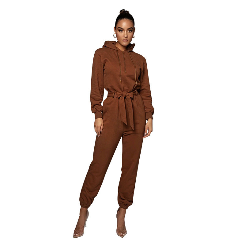 Autumn Winter Slim Fit Long Sleeve Solid Color Hooded Half Open Collar Urban Casual Women Jumpsuit S Coffee