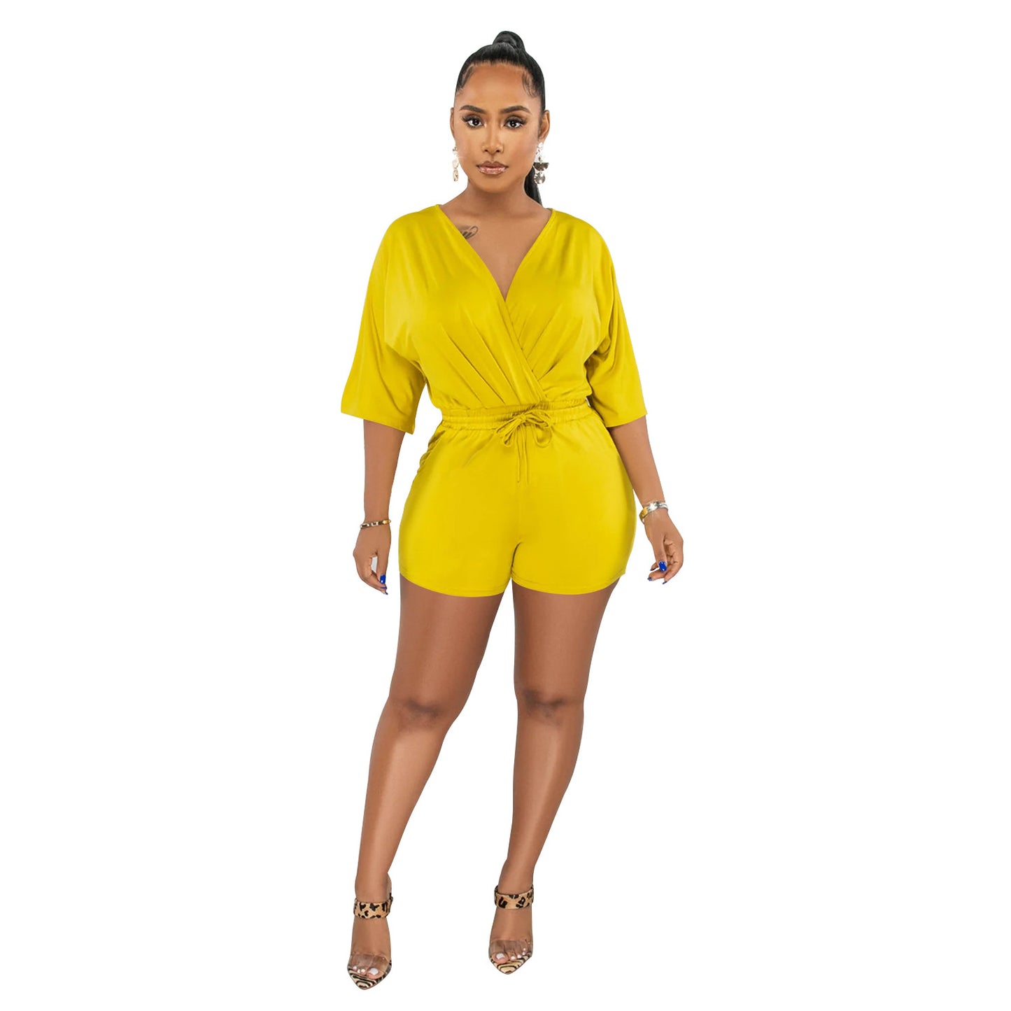 Women Wear Solid Color Tied V Neck Half Sleeves Shorts Jumpsuit Women Yellow