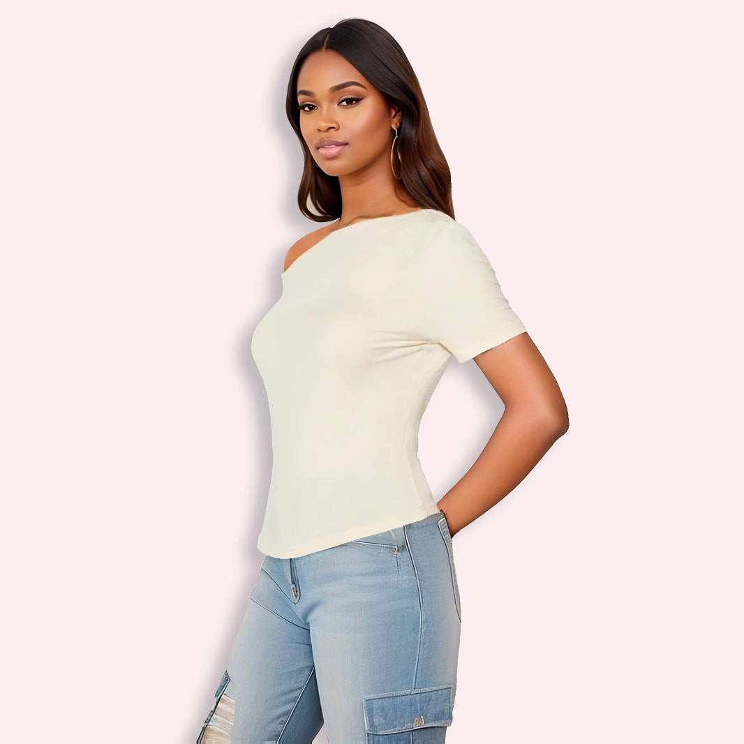 Arrival Solid Color Women Diagonal Collar Sexy Slim off Shoulder Top