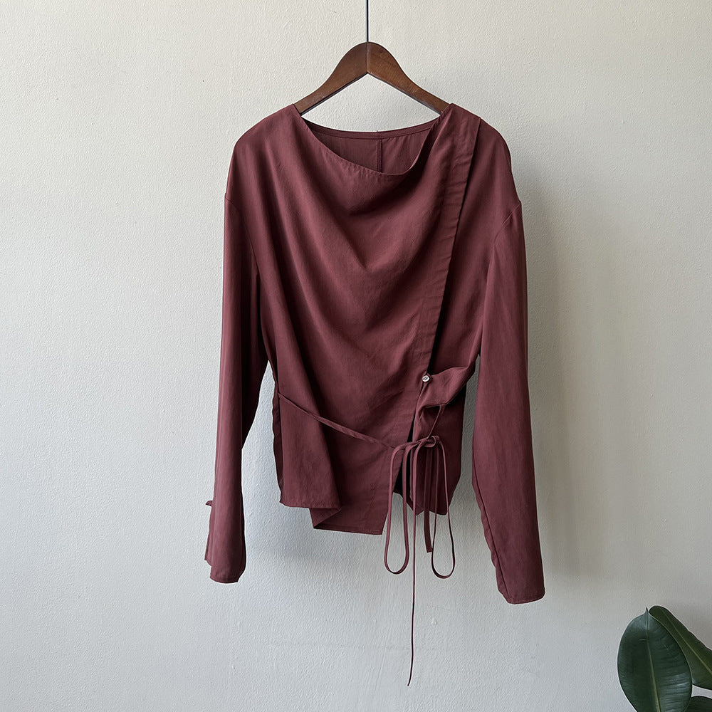 Elegant Swing Collar Lace up Tencel Shirt Women Autumn Side Buckle Waist Controlled Long Sleeves Shirt Burgundy