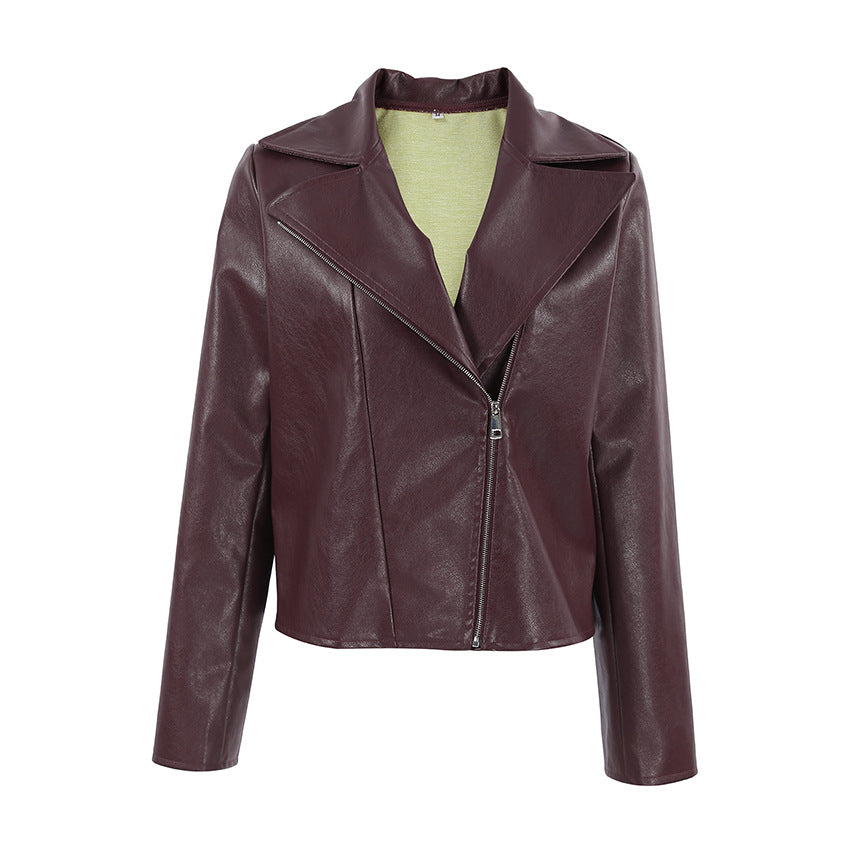 Fall Winter Commuting Elegant Wine Red Artificial Leather Collar Long Sleeve Loose Retro Leather Jacket Coat Women