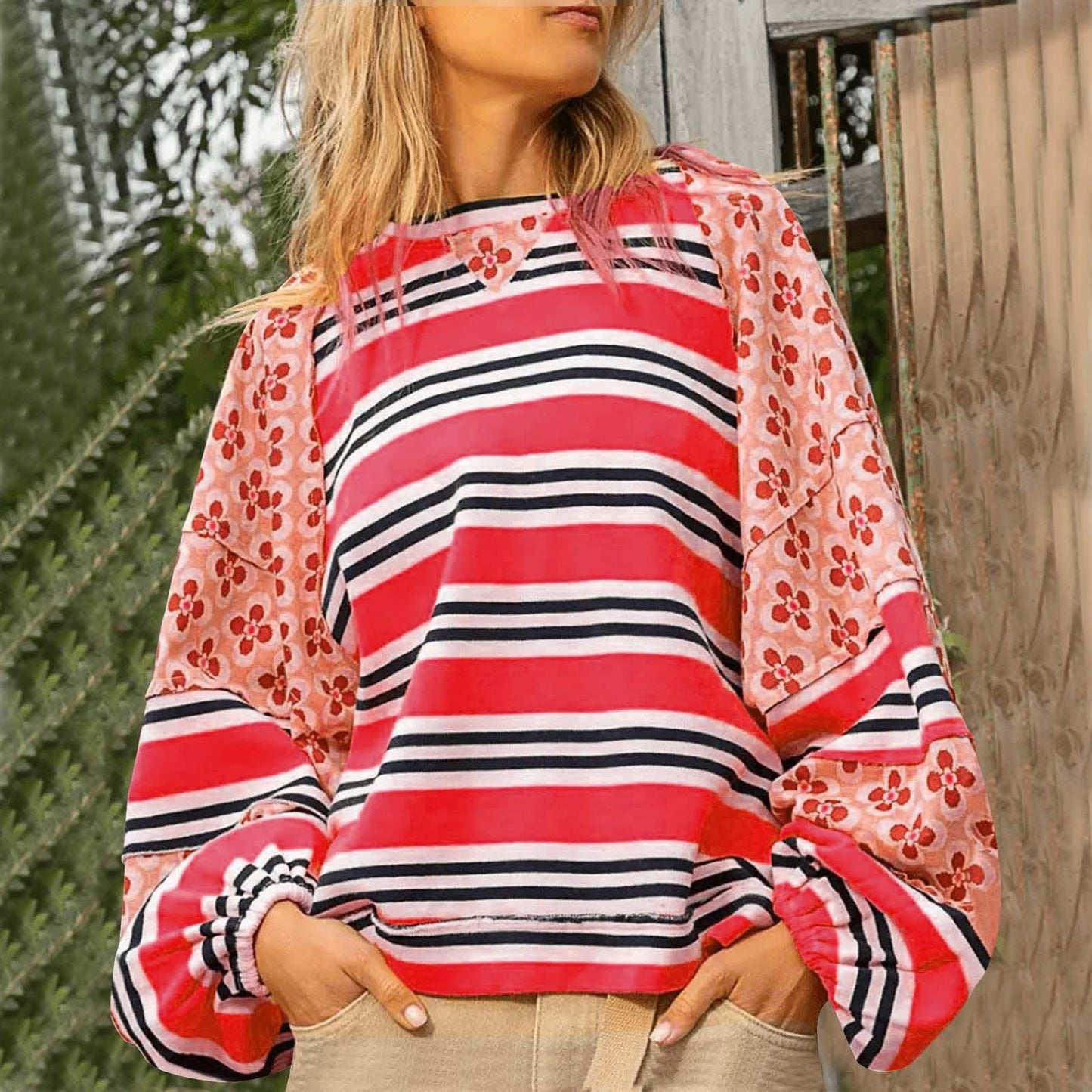 Autumn Winter Women Clothing Color Matching Printed Top Casual Loose Long Sleeve Sweatershirt Women Red