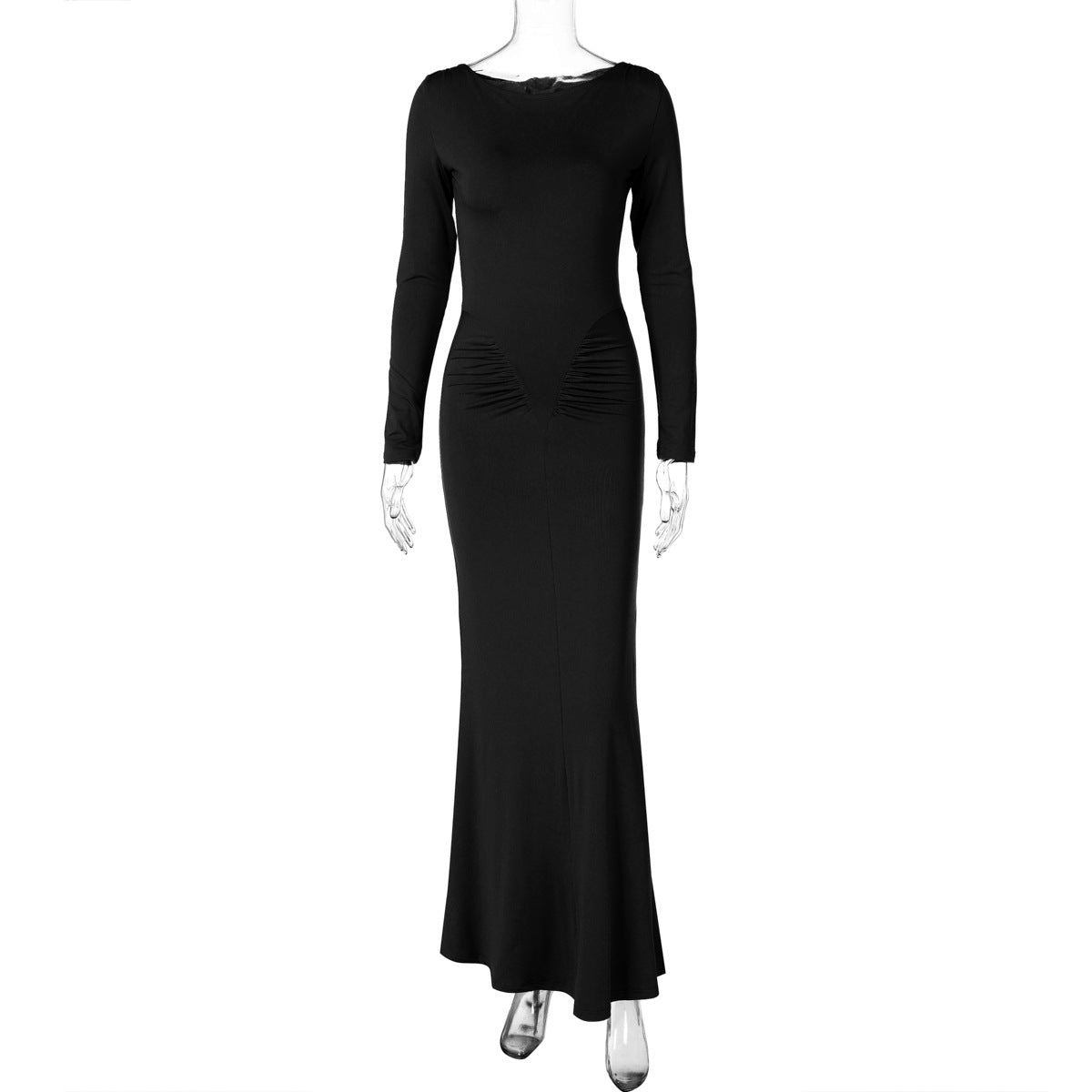 Women Clothing Summer Slim Pleated Round Neck Long Sleeved Dress Women Black