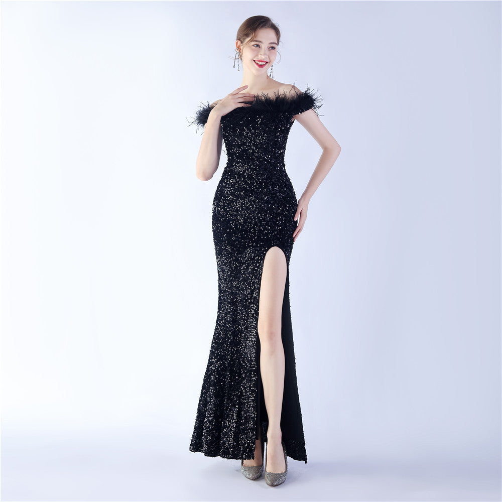 Velvet Bottom Sequin Craft Order Ostrich Hair off-Shoulder High End Evening Dress