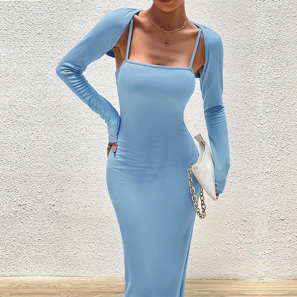 Women Clothing Light Blue Elegant Suit Autumn Winter Shawl Dress Two Piece Set Light Blue