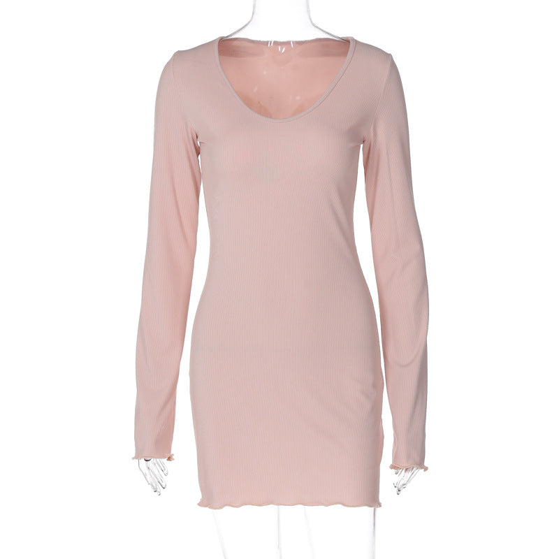 Women Clothing Summer Solid Color Rib Long Sleeve Waist Dress Pink