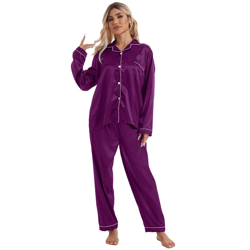 Home Wear Collared Ice Silk Pajamas Women Long Sleeved Trousers Two Piece Set Purple