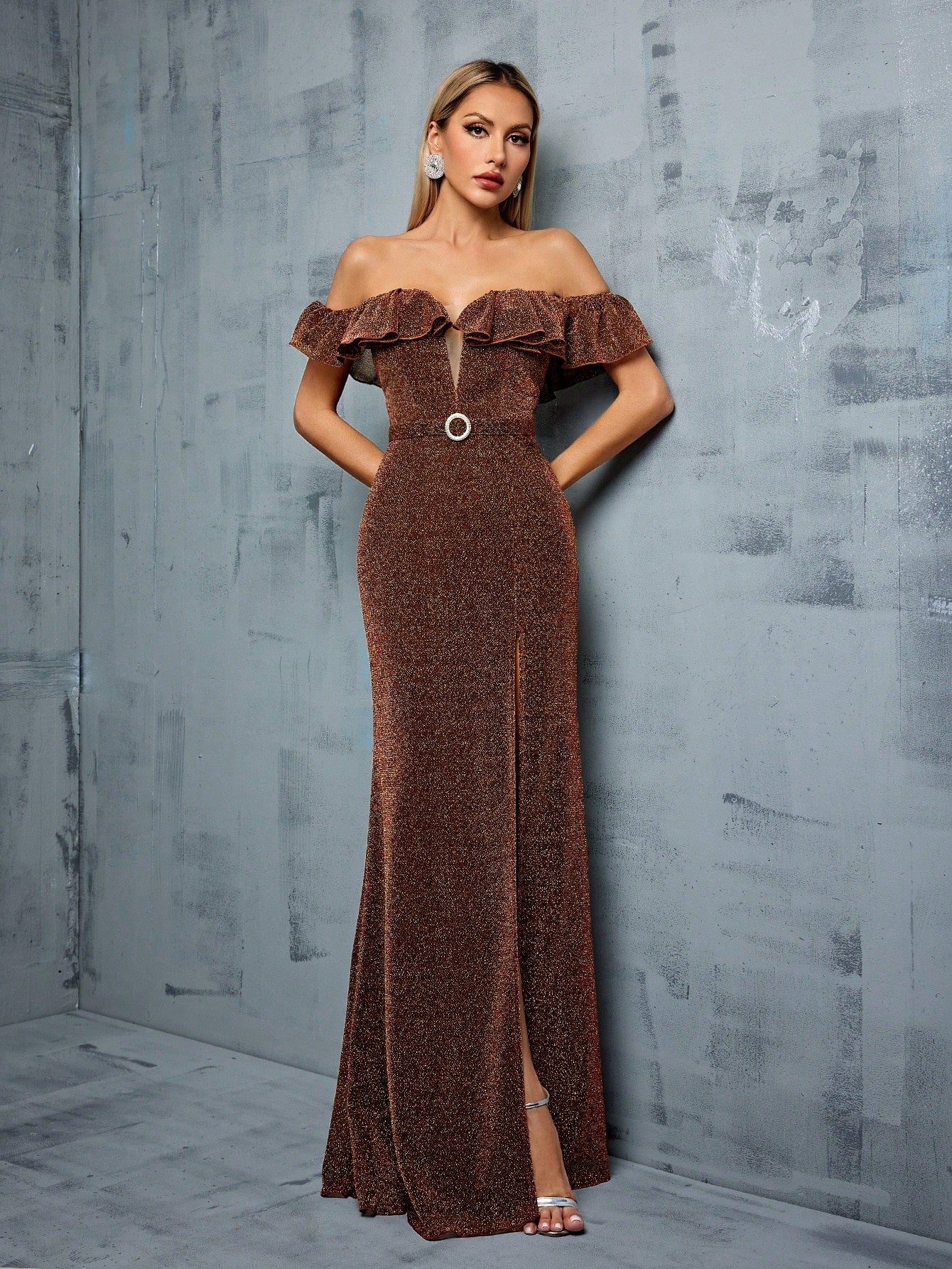 Off Shoulder Evening Dress Waist Slimming Fishtail Dress Stage Host Hostess Annual Meeting Catwalk Dress Women Brown