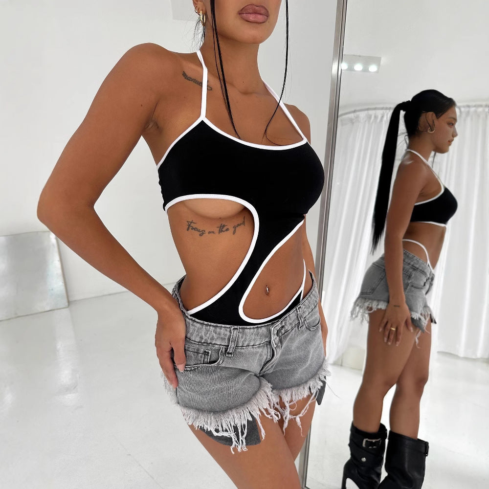 Summer Swimsuit Jumpsuit Hollow Out Cutout out Cropped Tube Top One Piece Briefs Sexy Long Braces