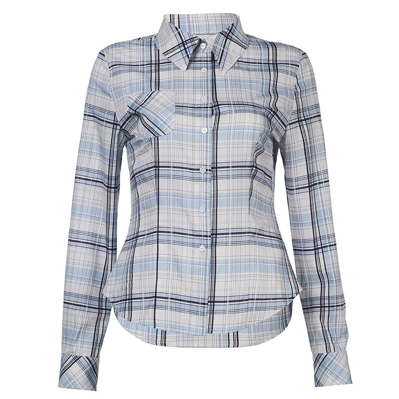 Collared Color Contrast Check Breasted Pocket Long Sleeve Shirt Sexy Waist Slimming Casual Short Top Blue