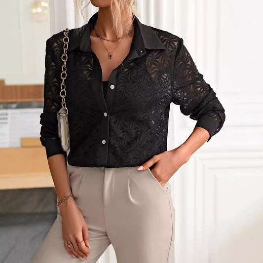 Spring Autumn Women Clothing Polo Collar Front Row Buttons Long Sleeve Shirt Top