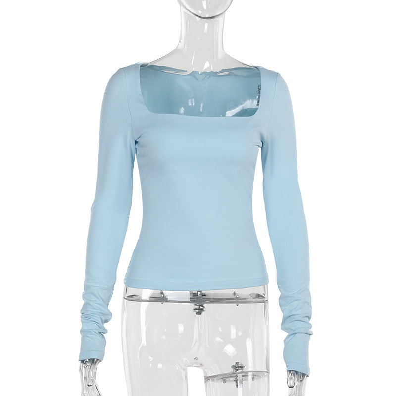 Autumn Casual Solid Color All Matching Square Collar Basic Long Sleeve Top for Women Blue