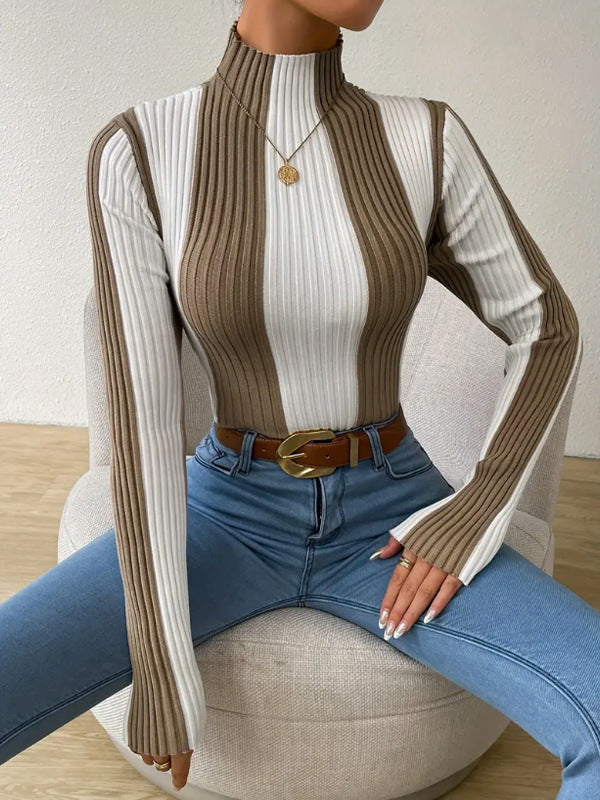 Women Spring Autumn Classic Black White Contrast Color Vertical Pattern Sweater Slim Fit Slim Bottoming Top Khaki