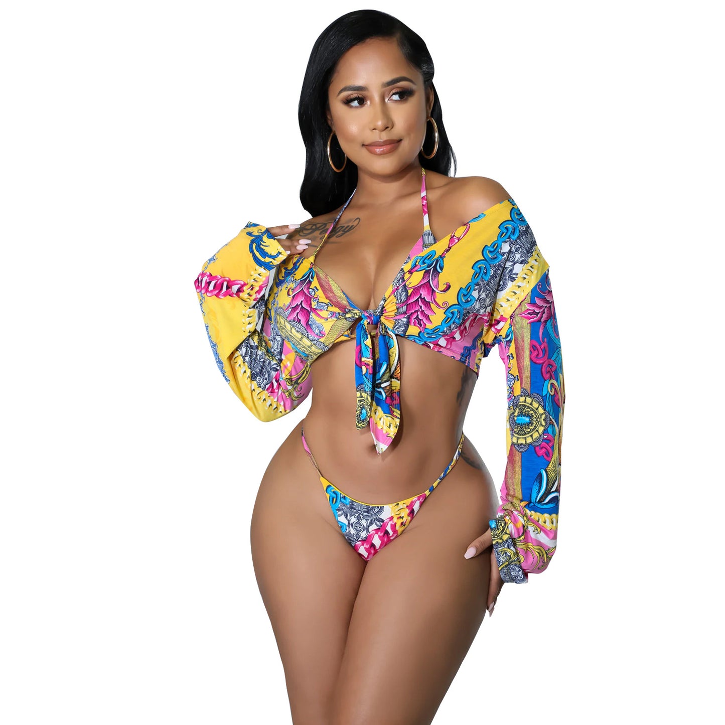 Summer Women Clothing Sexy Print Lace up Bikini Three Piece Swimwear Multi1