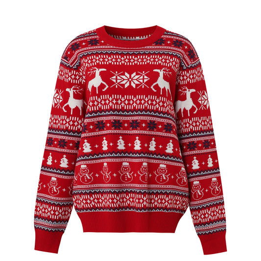 Red Christmas Sweater Women Autumn Winter Elk Jacquard round Neck Long Sleeve Knitted Sweater