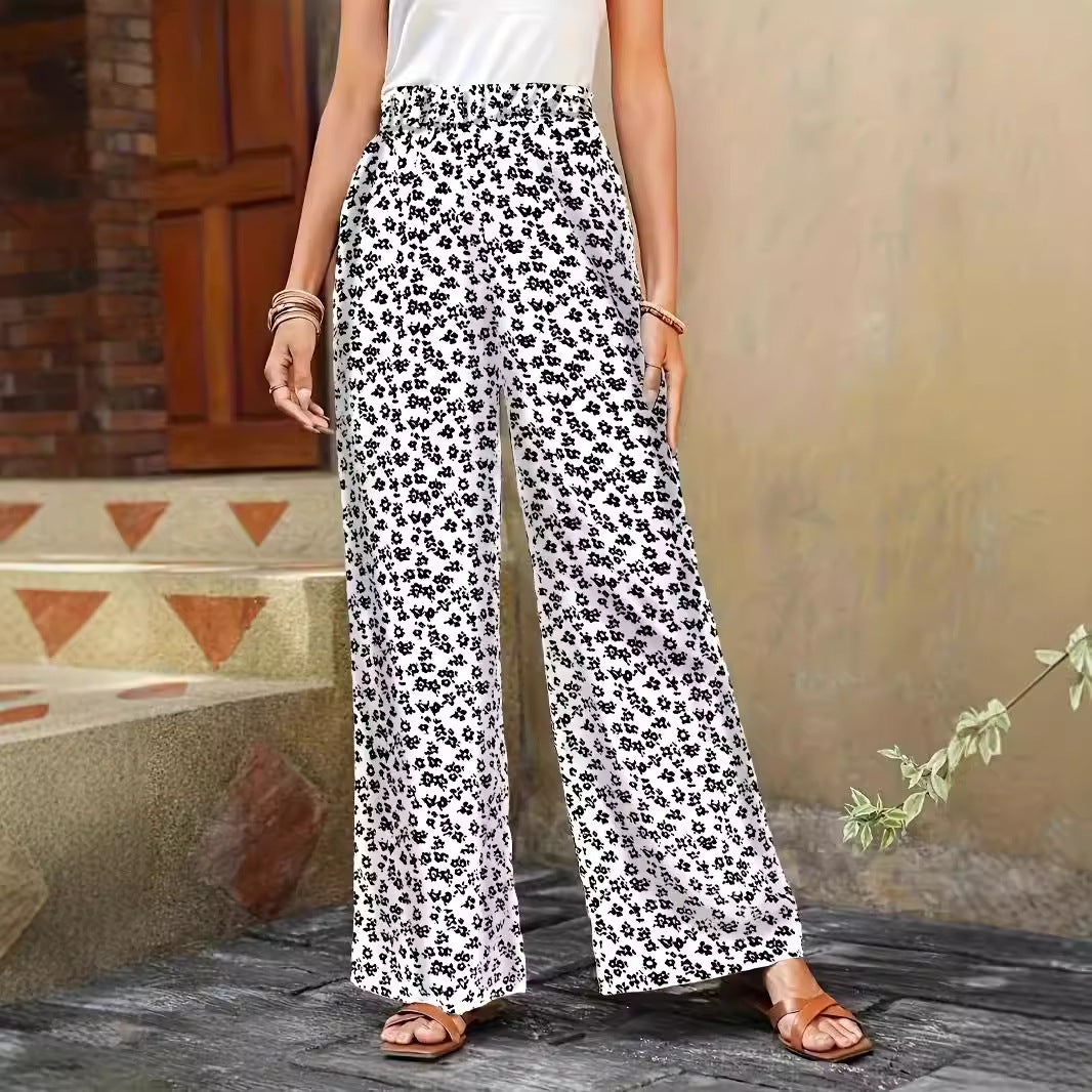 Spring Autumn Summer High Waist Small Floral Print Casual Loose Fitting Wide Leg Trousers