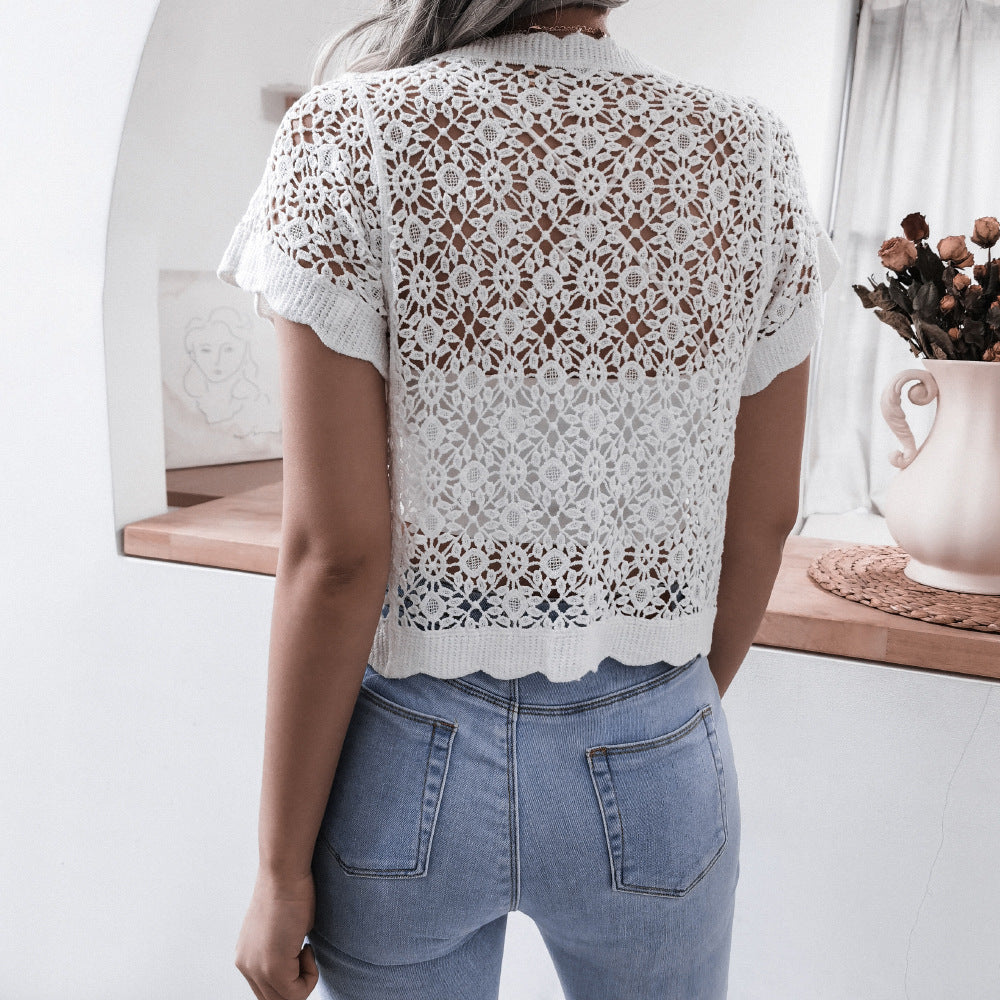 Summer Vacation V neck Crocheted Hollow Out Cutout Lace Shirt Top Women Clothing