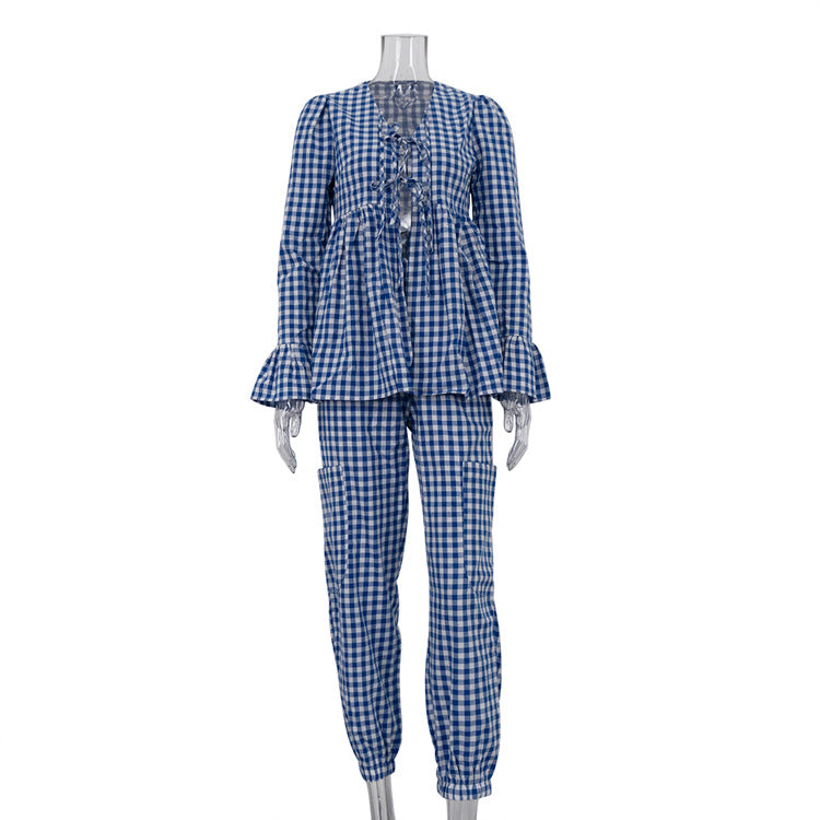 Women Clothing Spring Wear a Set of Sexy Lacing Long Sleeve Puffy Small Shirt Ankle Banded Pants Plaid Suit Blue