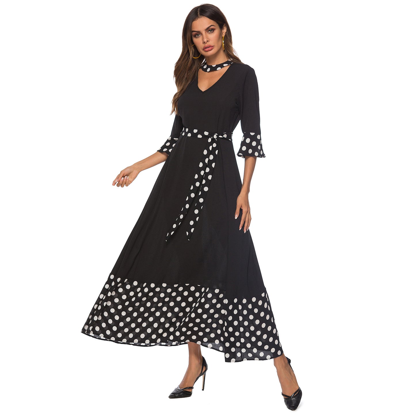 Women Clothing Dress V neck Flared Sleeves Stitching Polka Dot Dress