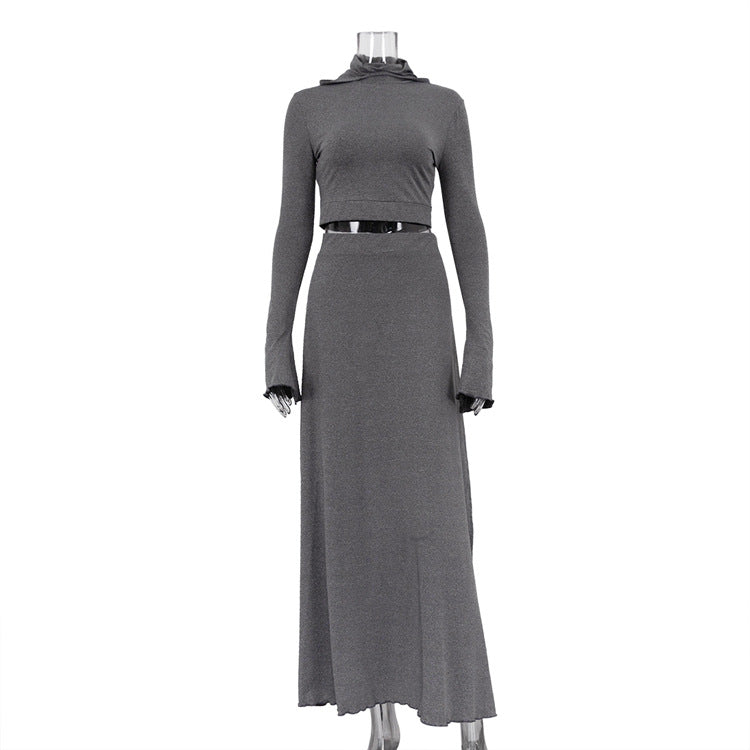 Women Clothing Short Hood Top High Waist Side Slit Unique Skirt Spring Autumn Two Piece Set Women Gray