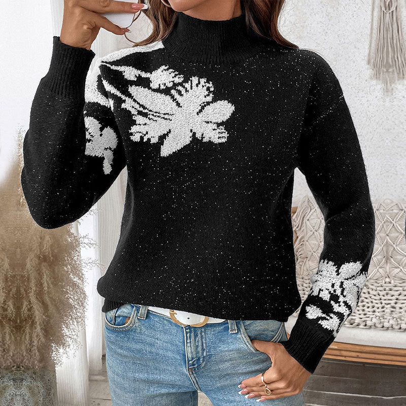 Autumn Winter Casual Knitwear Women Half Turtleneck Contrast Color Jacquard Pullover Sweater