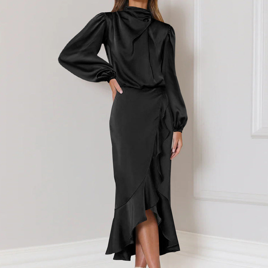 Fishtail High Grade Satin Long Sleeve Loose Dress Elegant Women Dress Evening Dress Black