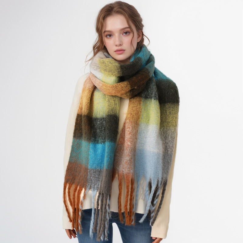 Autumn Winter Mohair Scarf Women Warm Scarf Thickened Cashmere Plaid Scarf