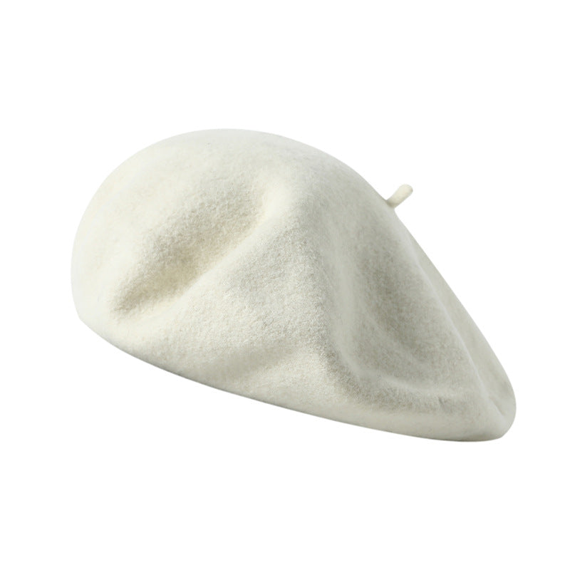 British Solid Color Pure Wool Big Hat Shape Small Face Beret Women Autumn Winter Retro Simple Painter Hat One Size White