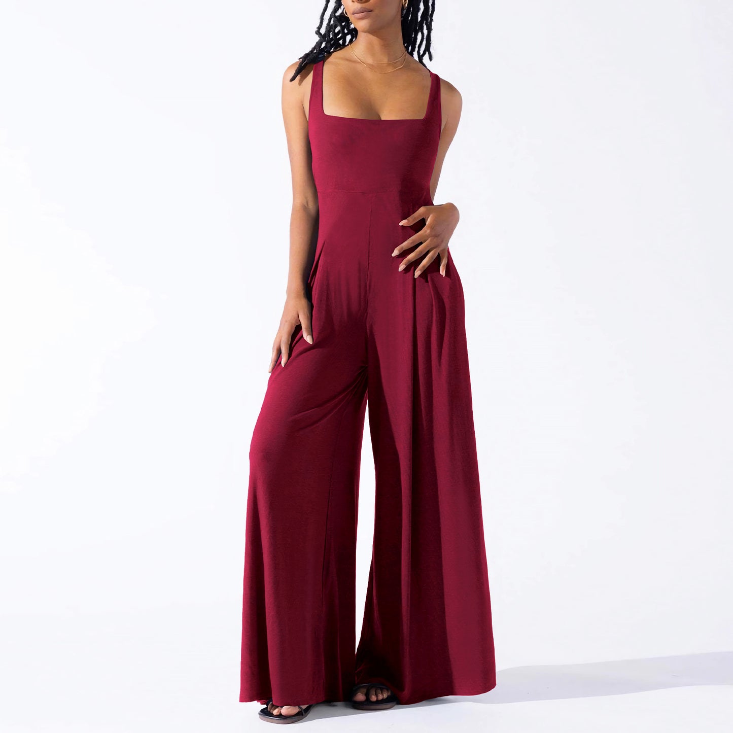 Casual Knitted Sexy Sling Wide Leg Jumpsuit Summer Women Clothing Red