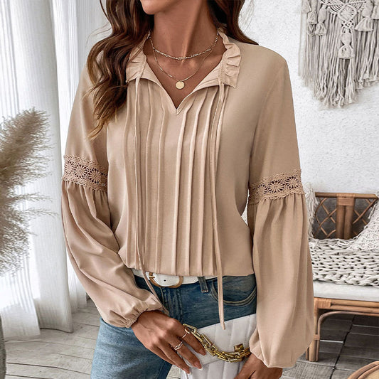 Autumn Top Tied V neck Solid Color Pleated Shirt