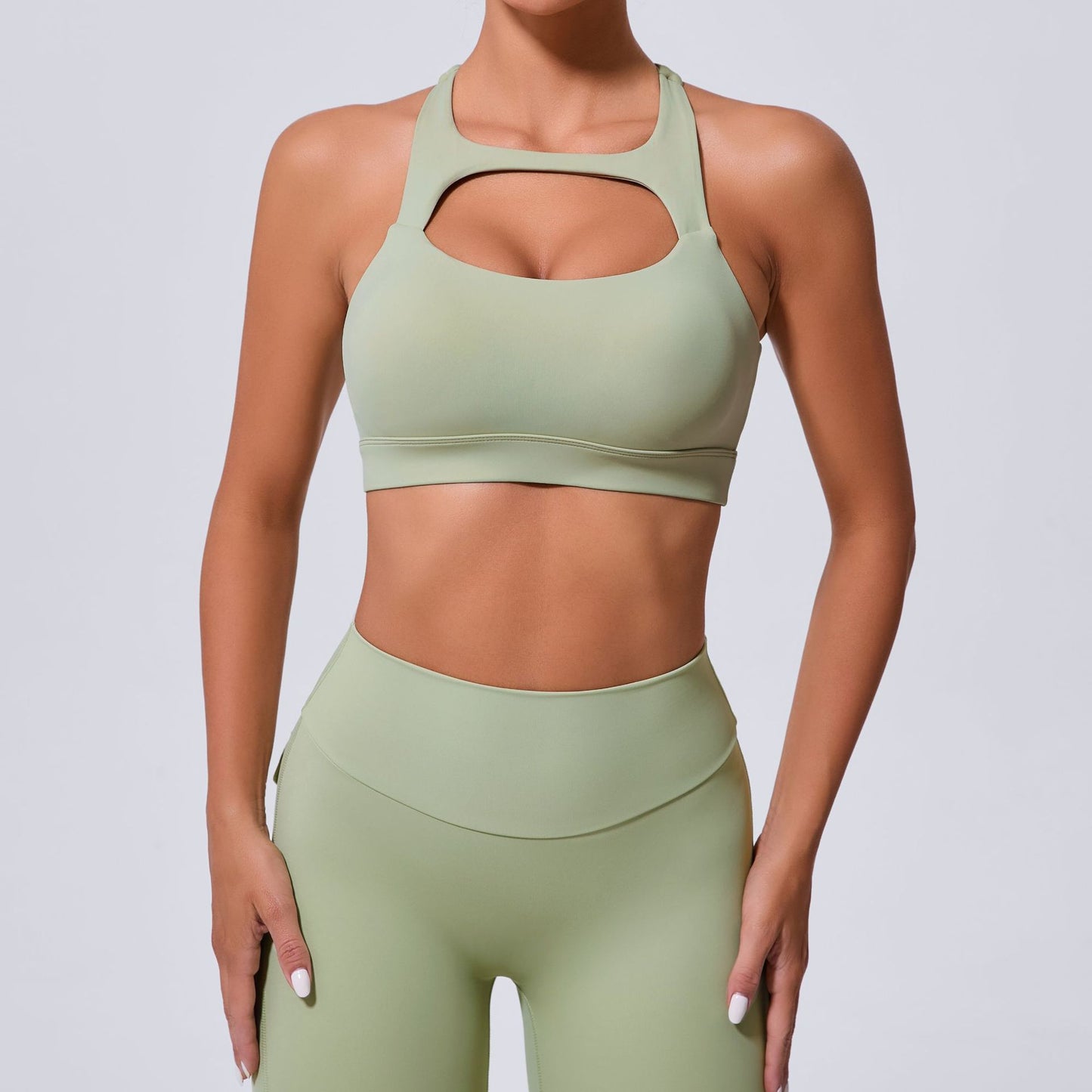 Hollow Out Cutout Beauty Back Tight Yoga Vest Sports Underwear Shockproof Top Pilates Running Outdoors Workout Clothes Avocado Green