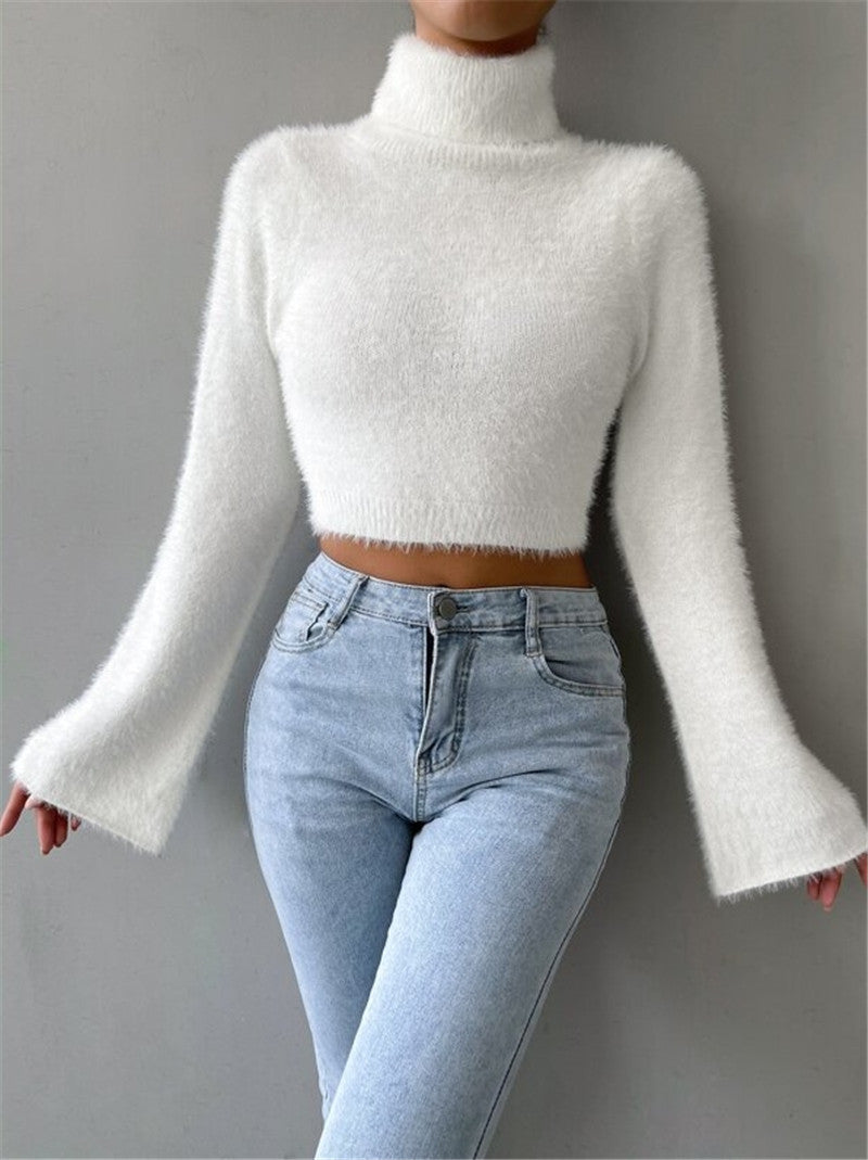 Autumn Winter High Neck Short Exposed Cropped Plush Sweater