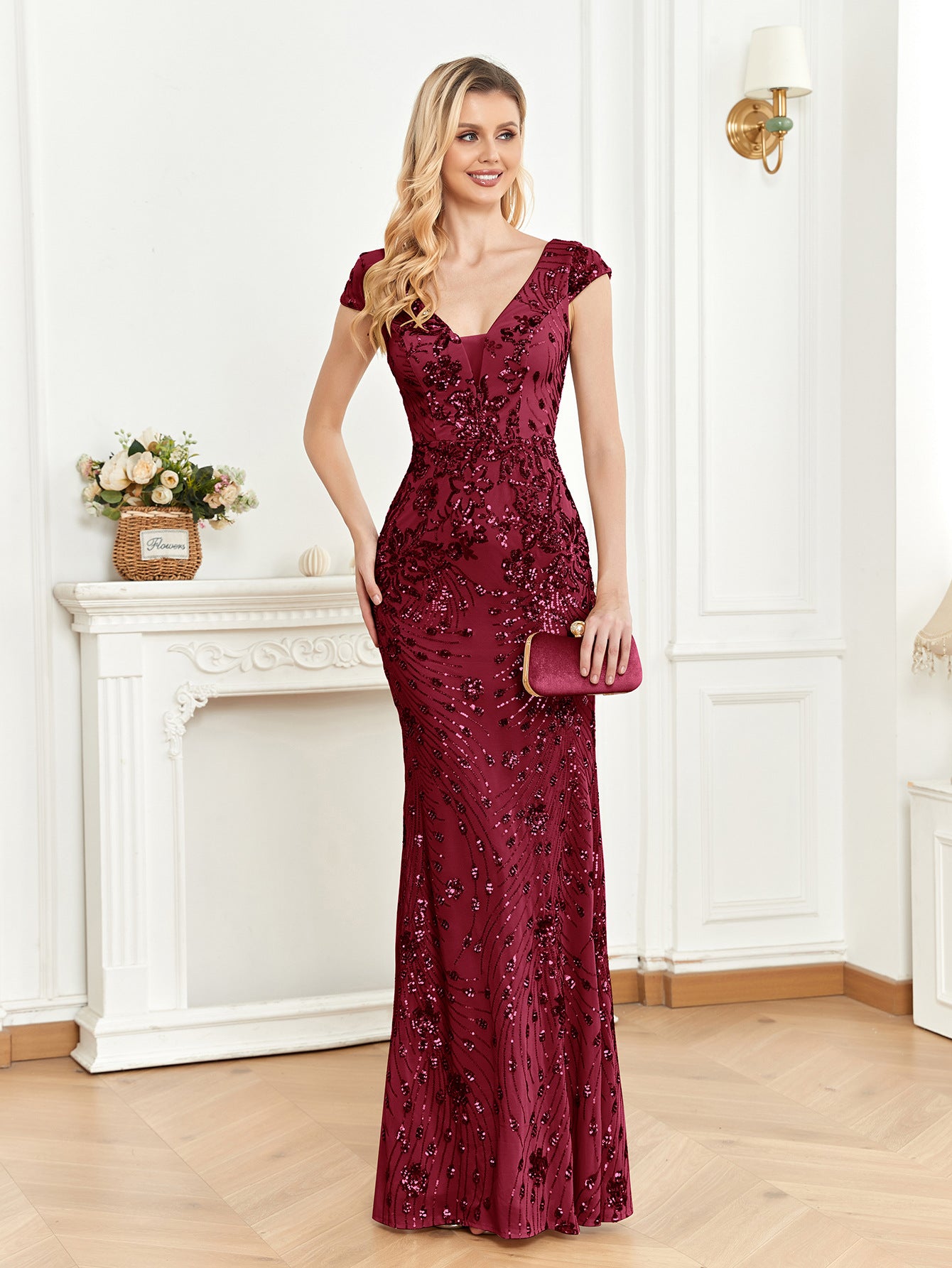 Sequined Champagne Evening Dress Women Cocktail Sexy Slim Fit Fishtail Long Toast Dress Burgundy