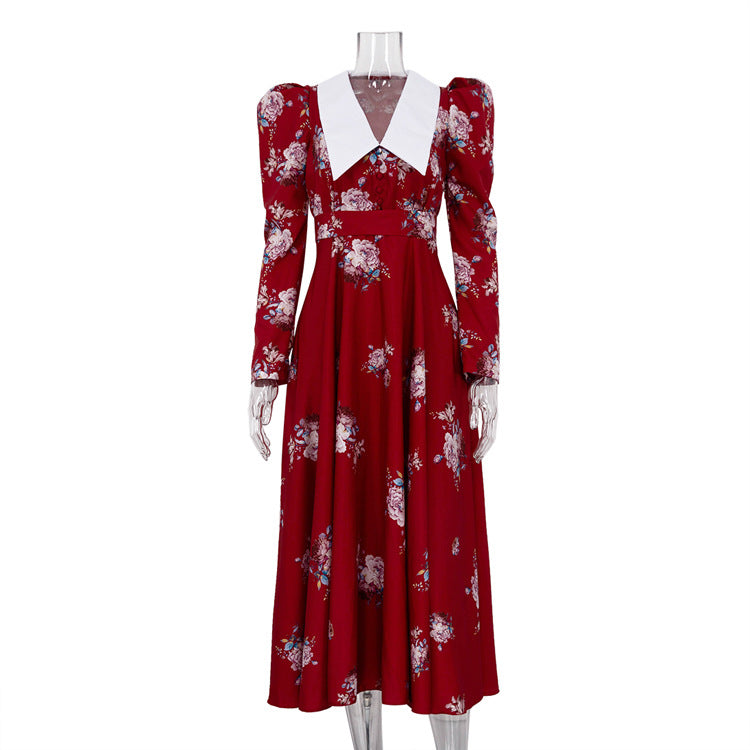 Women Clothing Early Spring Retro Printed Large Swing Dress Waist Controlled Slim Fit Maxi Dress Red