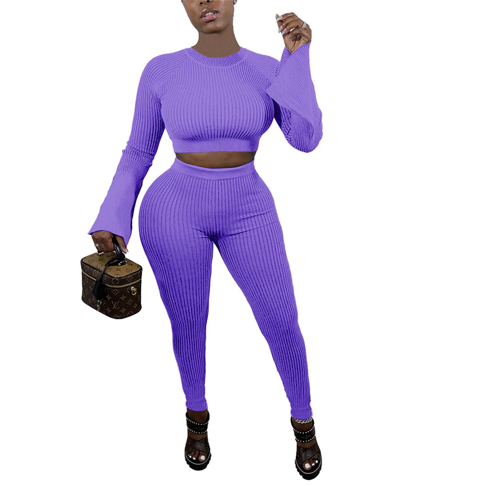 Women Autumn round Neck Flared Sleeves Trousers Sunken Stripe Sets Purple