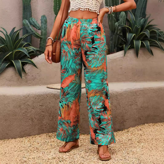 Spring Autumn Summer Women Pants Tropical Vacation Casual Loose Comfortable High Waist Wide Leg Pants