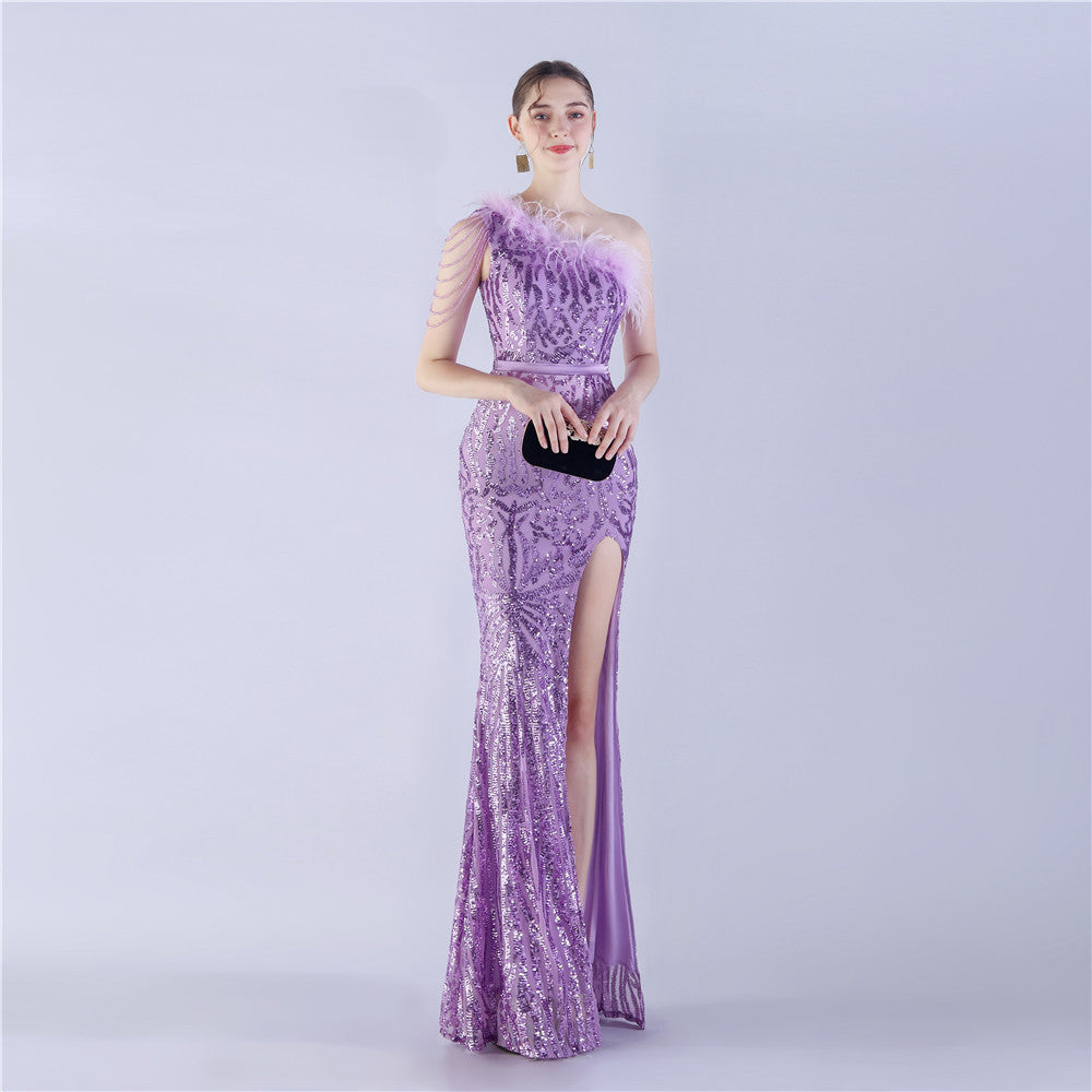 Craft Beaded Ostrich Hair Diagonal Collar One Shoulder High End Evening Dress Purple