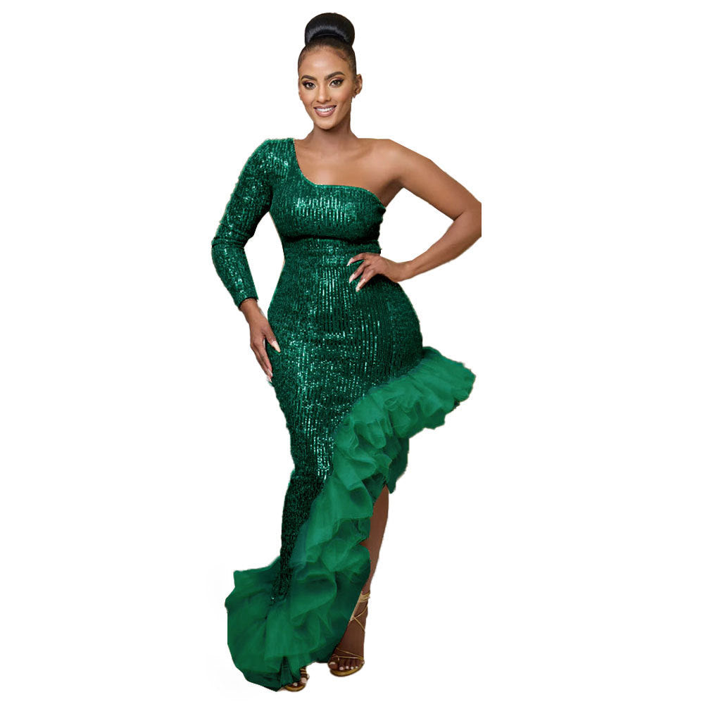 Sexy Sequin Single Shoulder Mesh Stitching Irregular Asymmetric Dress Green