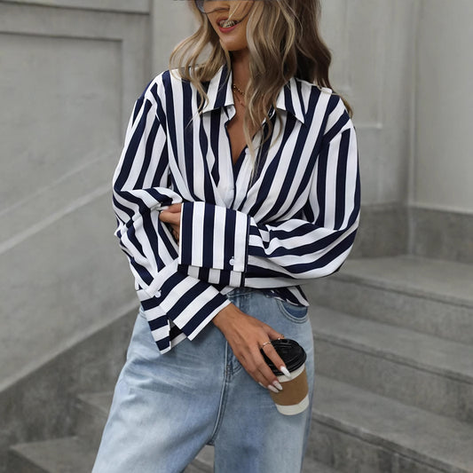 Women Clothing Spring Lace up Button Shirt Loose Mid Length Shirt Stripes