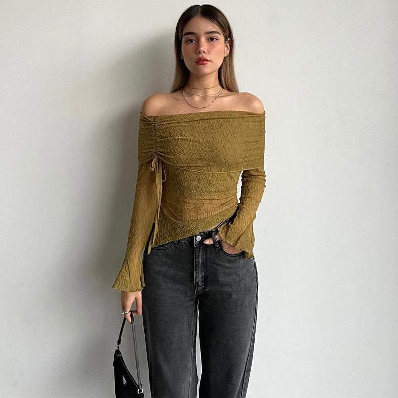 Women Clothing Autumn Sexy Sexy off Shoulder Long Sleeve Sweater Top