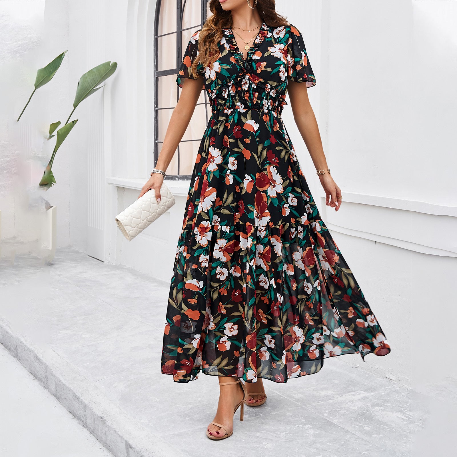 Women Clothing Spring Summer Casual Printed Waist Controlled Dress Black