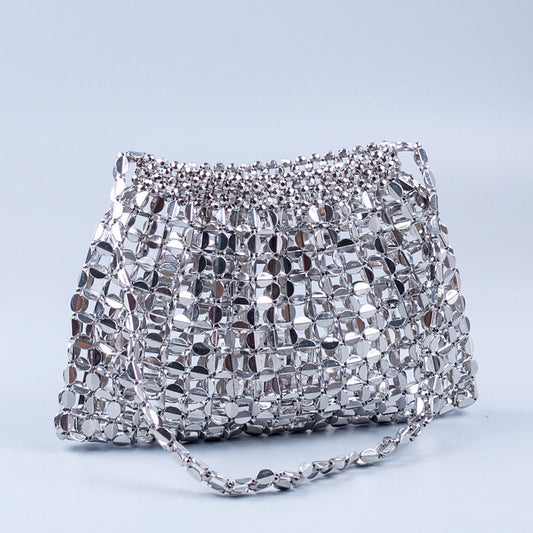 Popular Handmade Silver Gold Flat Beads Beaded Weave Large Dumpling Trendy One Shoulder Handbags