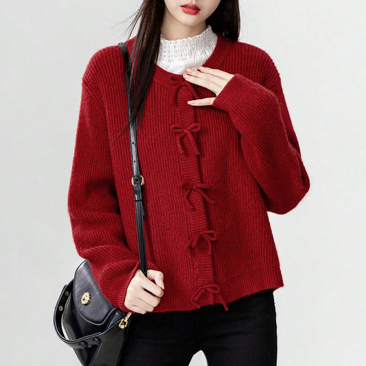 Sweater Coat Women Spring Autumn round Neck Bow Vertical Sunken Stripe Autumn Winter Warm Sweet Knitted Cardigan Outerwear Top